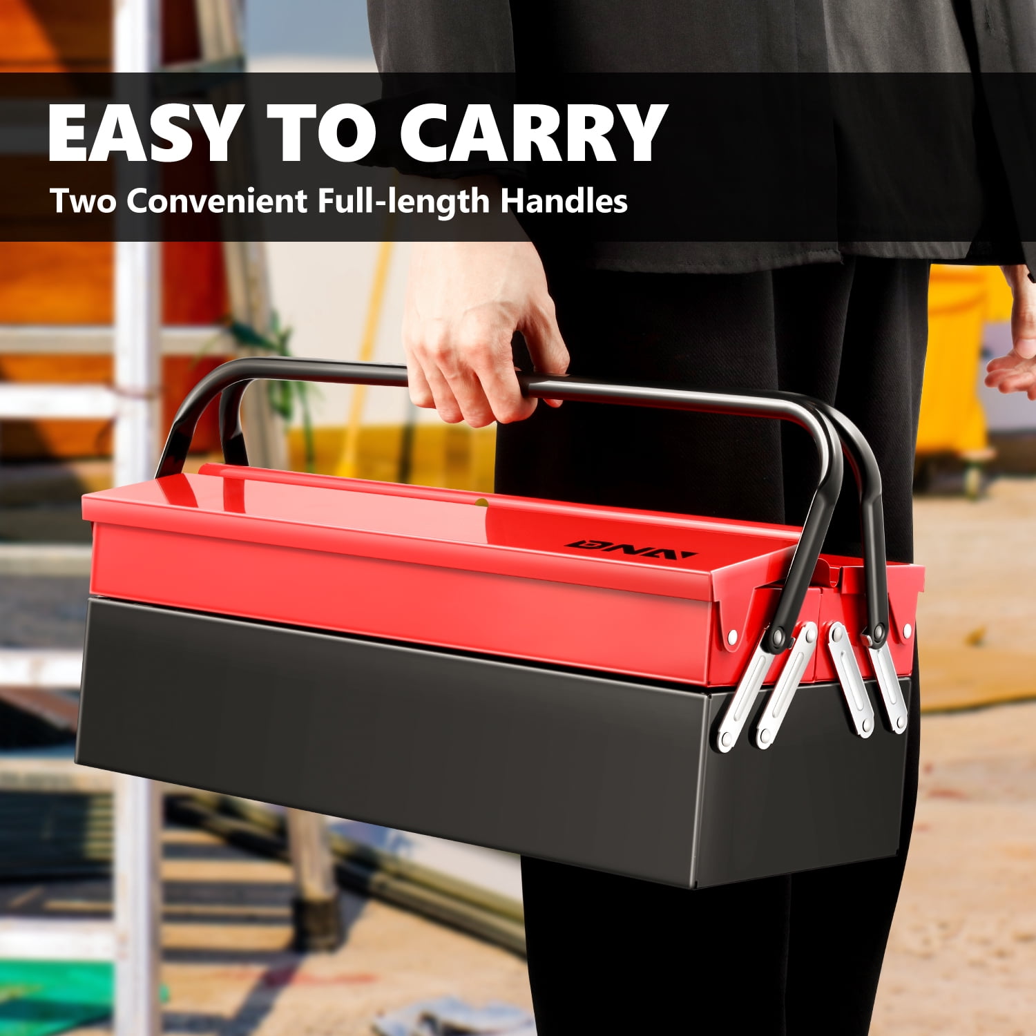 DNA Motoring TOOLS-00410 Red 18" 2 Level Multi-Function Foldable Repair Tool Box Storage With Lock Hole + Drawers + Handle