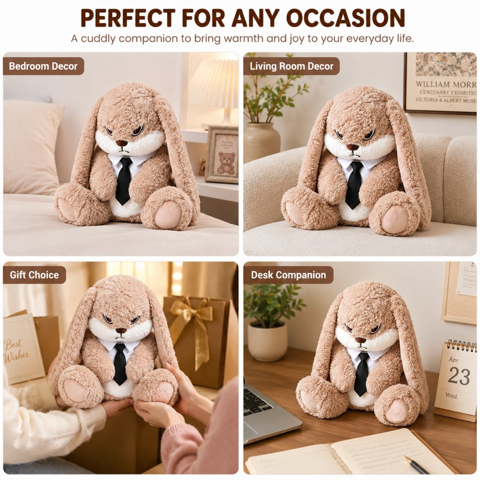 Long Ear Bunny Plush Toy with Tie Soft Stuffed Rabbit Doll Cute Gift Plushie