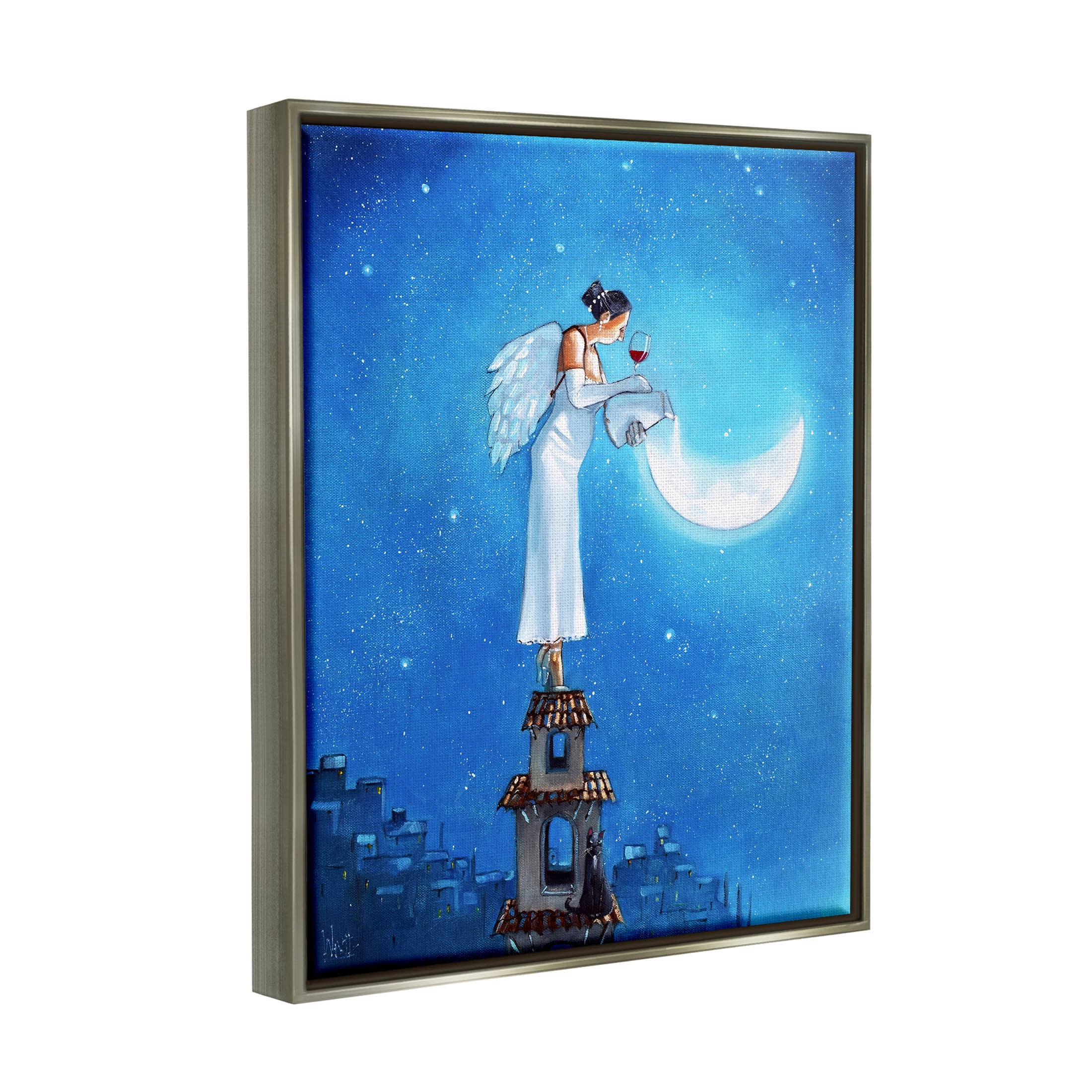 Angel Pouring Moon Cityscape Landscape Painting Luster Gray Framed Art Print Wall Art
