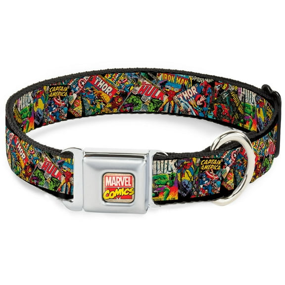 Marvel Comics Pet Collar, Dog Collar Metal Seatbelt Buckle, Retro Marvel Comic Books Stacked Close Up, 13 to 17 Inches 1.5 Inch Wide
