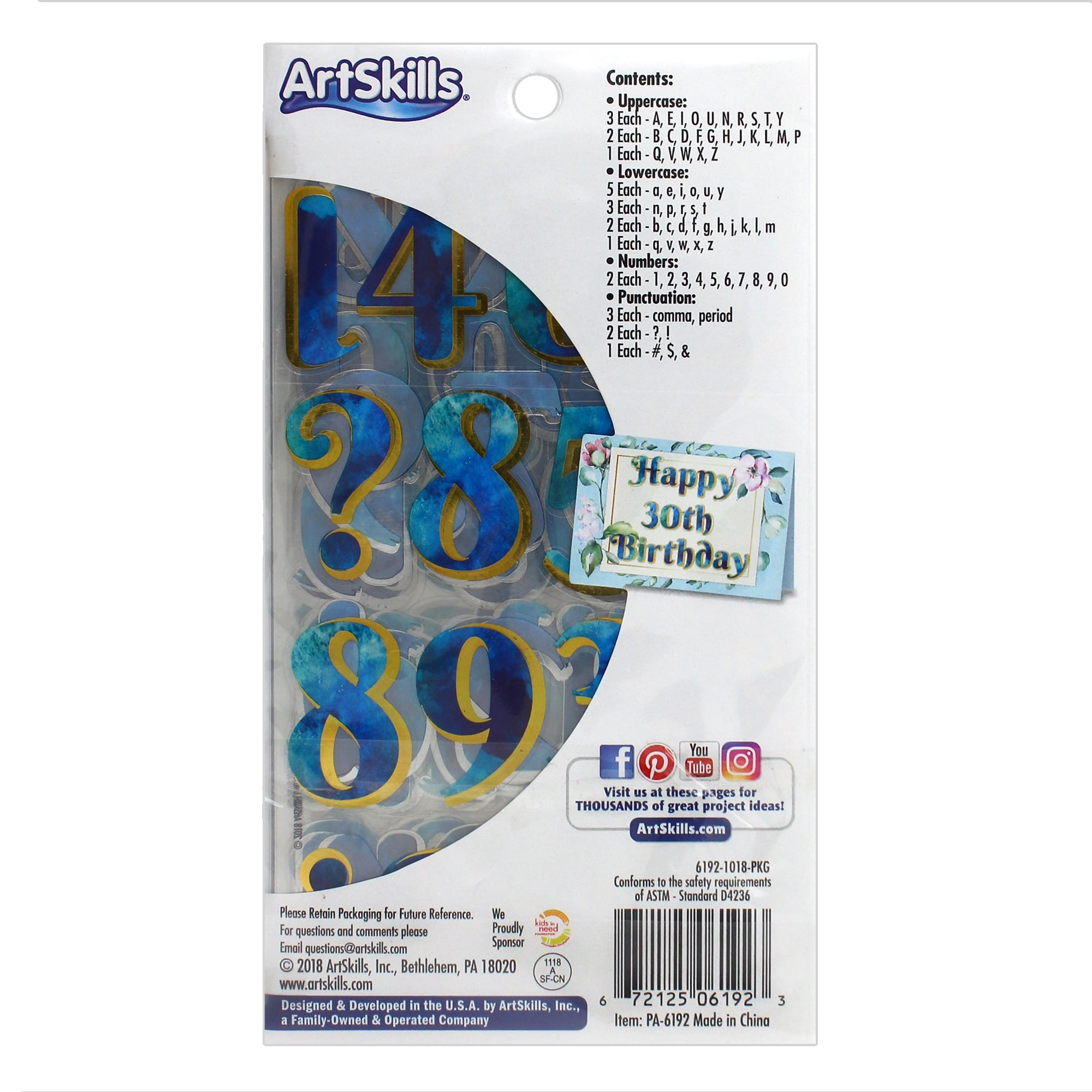 ArtSkills Letter and Number Alphabet Stickers, 1.5" and 1" Gold and Blue Watercolor, for Birthdays, School, 160 Pieces