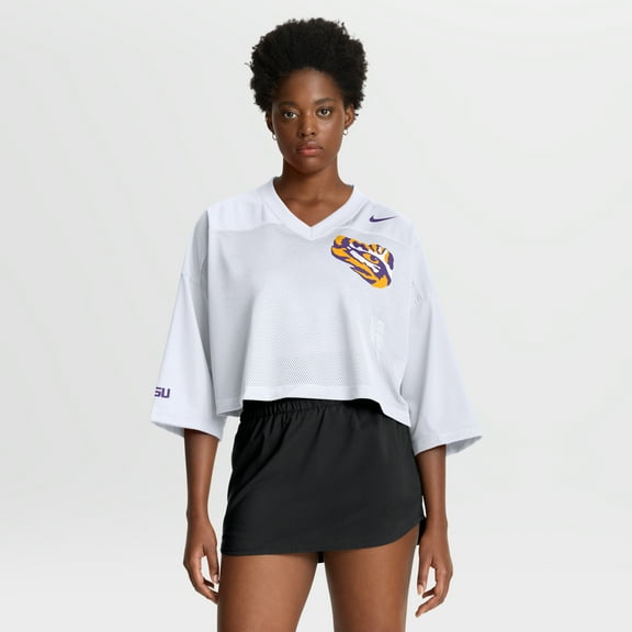 Women's Nike White LSU Tigers Cropped Mesh Dri-FIT Fashion Jersey