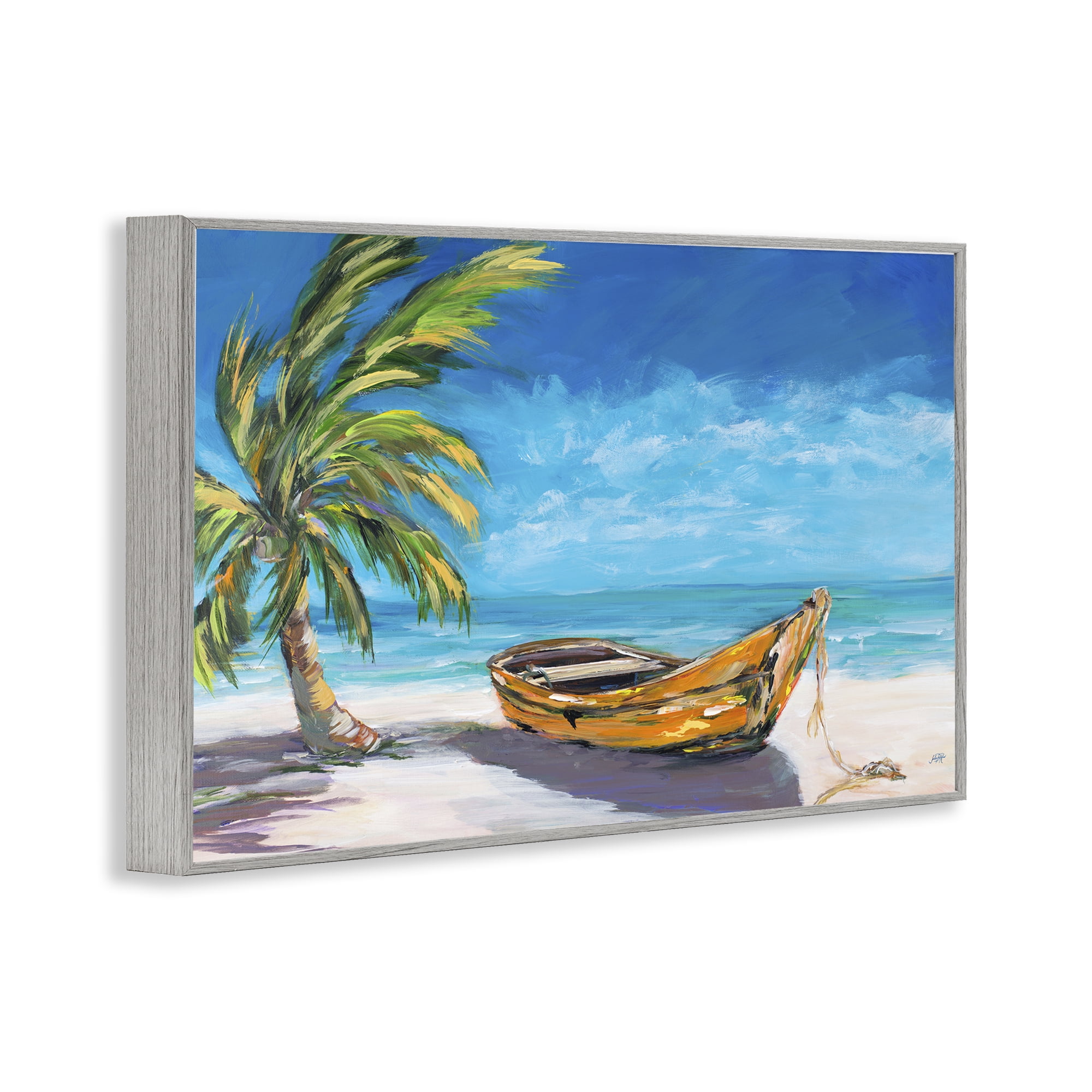Stupell Industries Lost Island Palm & Boat Gray Framed Giclee Art, design by Julie DeRice