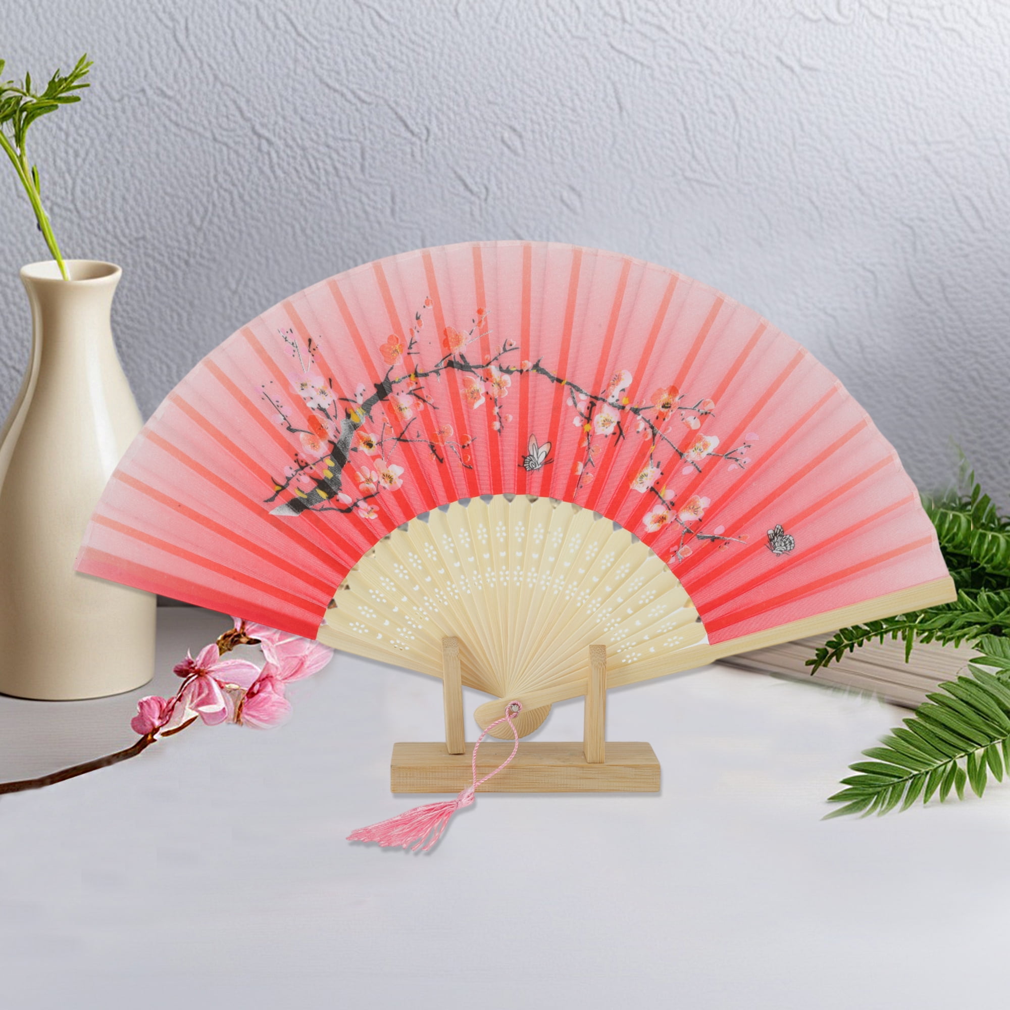 Unique Bargains Ancient Style Folding Fan 1Pc for Parties Light Red [Flowers Print]