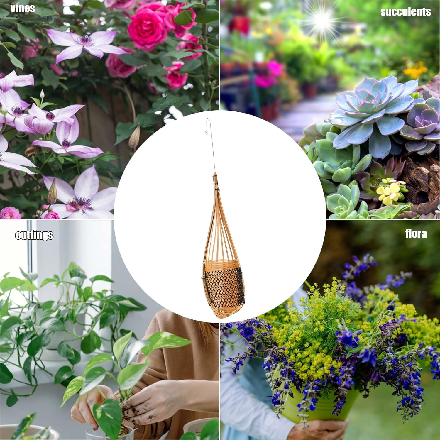 6PCS Orchid Hanging Planter Bamboo Woven 4.7 Inch Hanging Orchid Basket with Metal Hook, Bird Nest Style Plant Hangers for Trellis or Gazebo, Small Flower Plants Planter