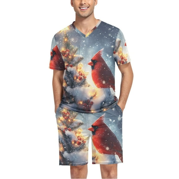 joogoo Men's Pajama Set Cardinal on Christmas Tree V-Neck Pj Shorts Set 2 Piece Loungewear Sleepwear L
