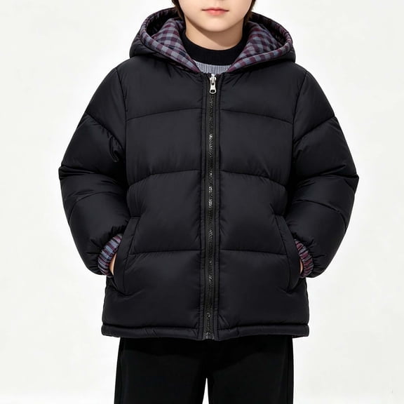 Yotami Kids Hooded Puffer Jacket, Plaid Lined Thick Padded Zip‑Up Coat, Boys Girls Warm Winter Outerwear for 3-13 Years