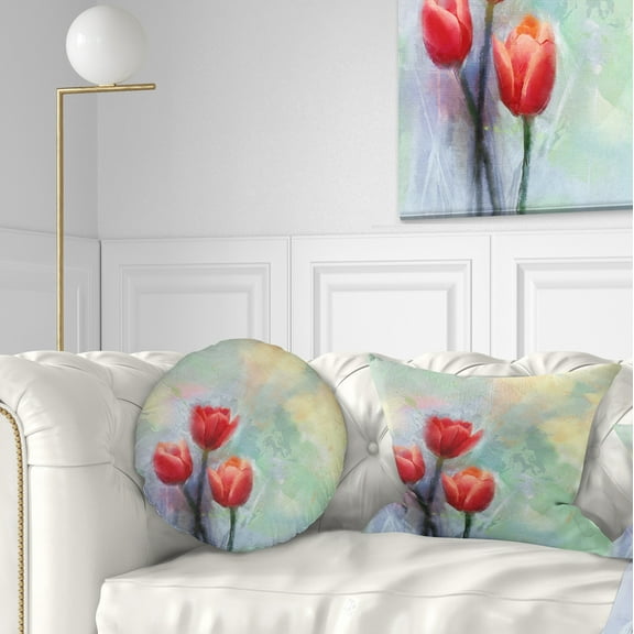 Designart Red Tulips on Light Blue Watercolor - Floral Throw Pillow - 12x20