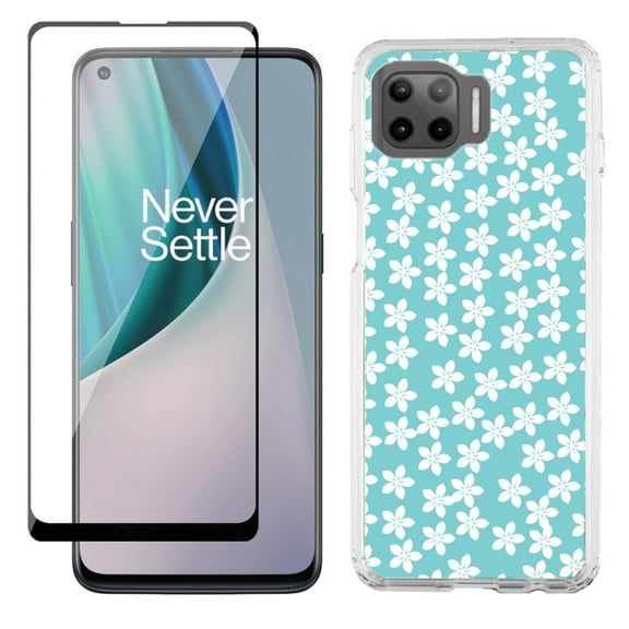 Slim-Fit Protective Phone Case compatible with Motorola Moto One 5G UW, with Tempered Glass Screen Protector, by OneToughShield ® - Flower/Teal