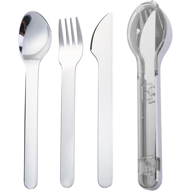 Juego de cubiertos portátiles de 3 piezas, juego de utensilios de bolsillo de acero inoxidable 18/8, juego de cuchillos con funda para almuerzo, viajes, camping, picnic (gris)
