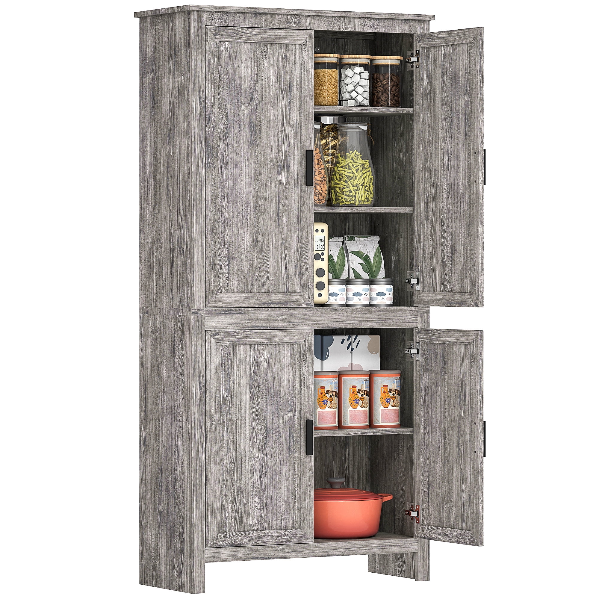 HOMCOM 64" 4-Door Kitchen Pantry, Freestanding Storage Cabinet with 3 Adjustable Shelves for Kitchen, Dining or Living Room, Gray Oak