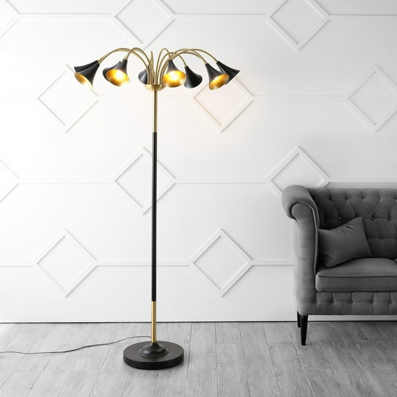 JONATHAN Y Vivian 61" 10-Light Mid-Century Modern Iron Medusa Multi Head LED Floor Lamp, Black/Brass Gold