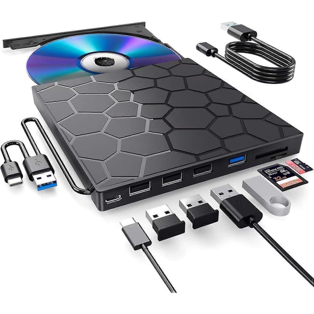 External CD/DVD reader for laptop, DVD player for laptop, 8 in 1 USB ultra slim portable, DVD/CD burner external drive optical compatible