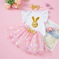 thumbnail image 2 of Baby Girl Outfit 3 Piece Set Polyester Bunny Print Romper Flutter Sleeve Top Skirt Bow Girl Baby Clothes Gold 3 Months-6 Months, 2 of 7