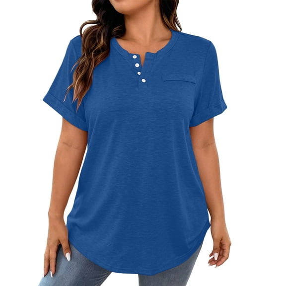 CBASIHI Womens Plus Size Summer T Shirts with Pockets- Henley Neck Flowy Oversized Casual Trendy Stretchy Tunic Tops Blue Size 2XL-5XL