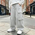 thumbnail image 2 of FRSASU Boy's Baggy Cargo Pants Elastic Drawstring Parachute Pants Casual Loose Fit Joggers Hiking Pants with Pockets White-A, 2 of 6