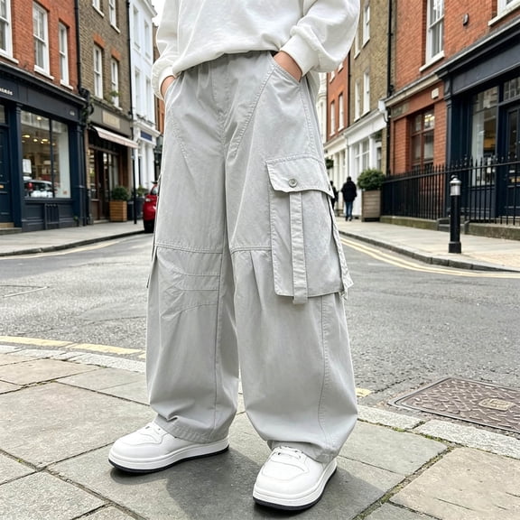 Cargo Wide Leg Pants for Kids, Outdoor Elastic Waist Loose Casual Sports Trousers with Multi Pockets for Boys Girls Streetwear White Girls Travel Pants 7-8Y