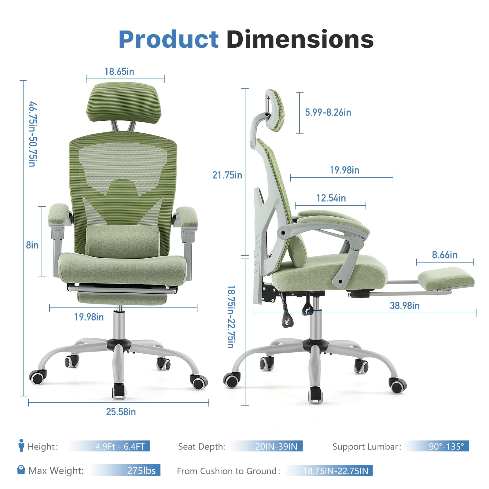 CONCETTA Ergonomic High Back Mesh Office Chair with Footrest and Armrests, Adjustable Lumbar Support, Headrest, and Reclining, Swivel Rolling Desk Chair for Home and Computer Tasks, Green