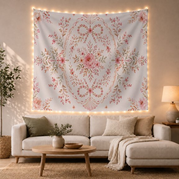 Floral Garden Medallion with Exact Fully Bloomed Peony, Serene Watercolor for Plant Lovers, Botanical Wall Art, Valentine'S Day Gift, Tapestry Wall Hanging for Bedroom and Dorm