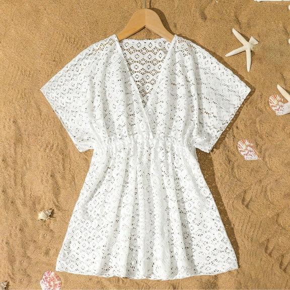 ZHOGXU Children Girls Cover Ups Short Sleeve V Neck Solid Color Comfortable Fashion Elasticity Swimsuit For Holiday Vacation Beach,White,8-9 Years