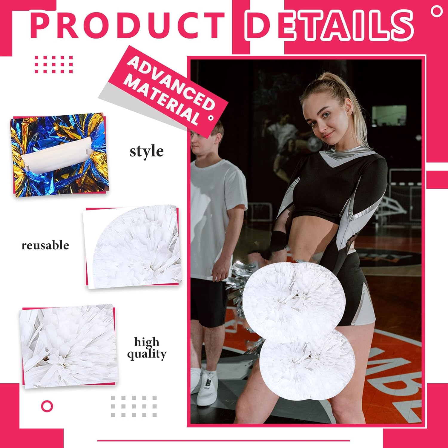 Cheerleader Pom Poms 24 Pack Sports Dance Cheering Plastic Metallic Cheerleading Pom Poms for Kids Adults.