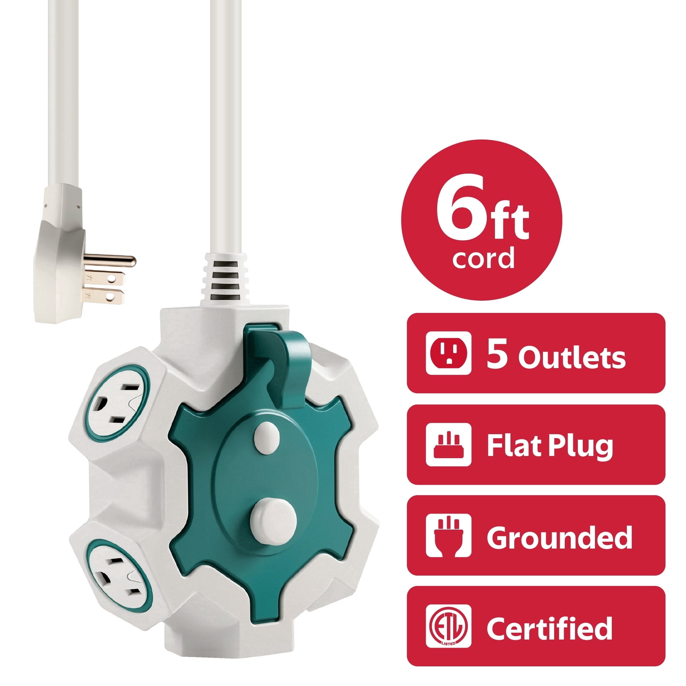 Indoor 5-Outlet Hub Extension Cord, Green and White, 6', by Holiday Time