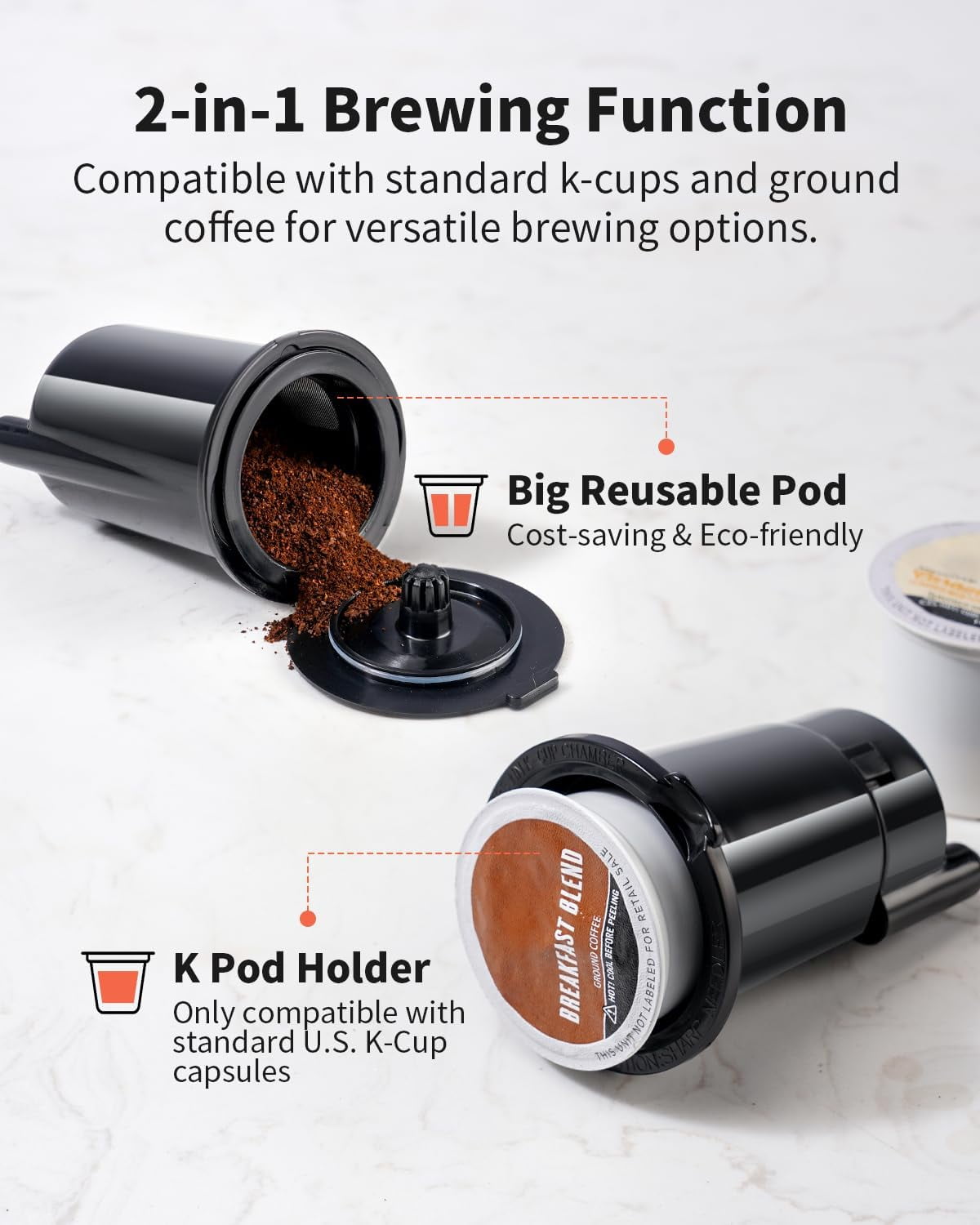 Hot Iced Coffee Maker, K-Cups Ground Coffee, Single-Serve Brewer with Bold Setting, Reusable Filter, Travel Mug Friendly, Compact Quick Brew, Black