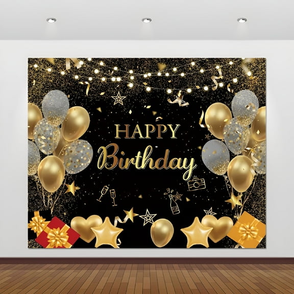 CCOCC Black and Gold Happy Birthday Backdrop Banner for Men Women 30th 40th 50th 60th 70th 80th Bday Party Photography Background Decoration Supplies