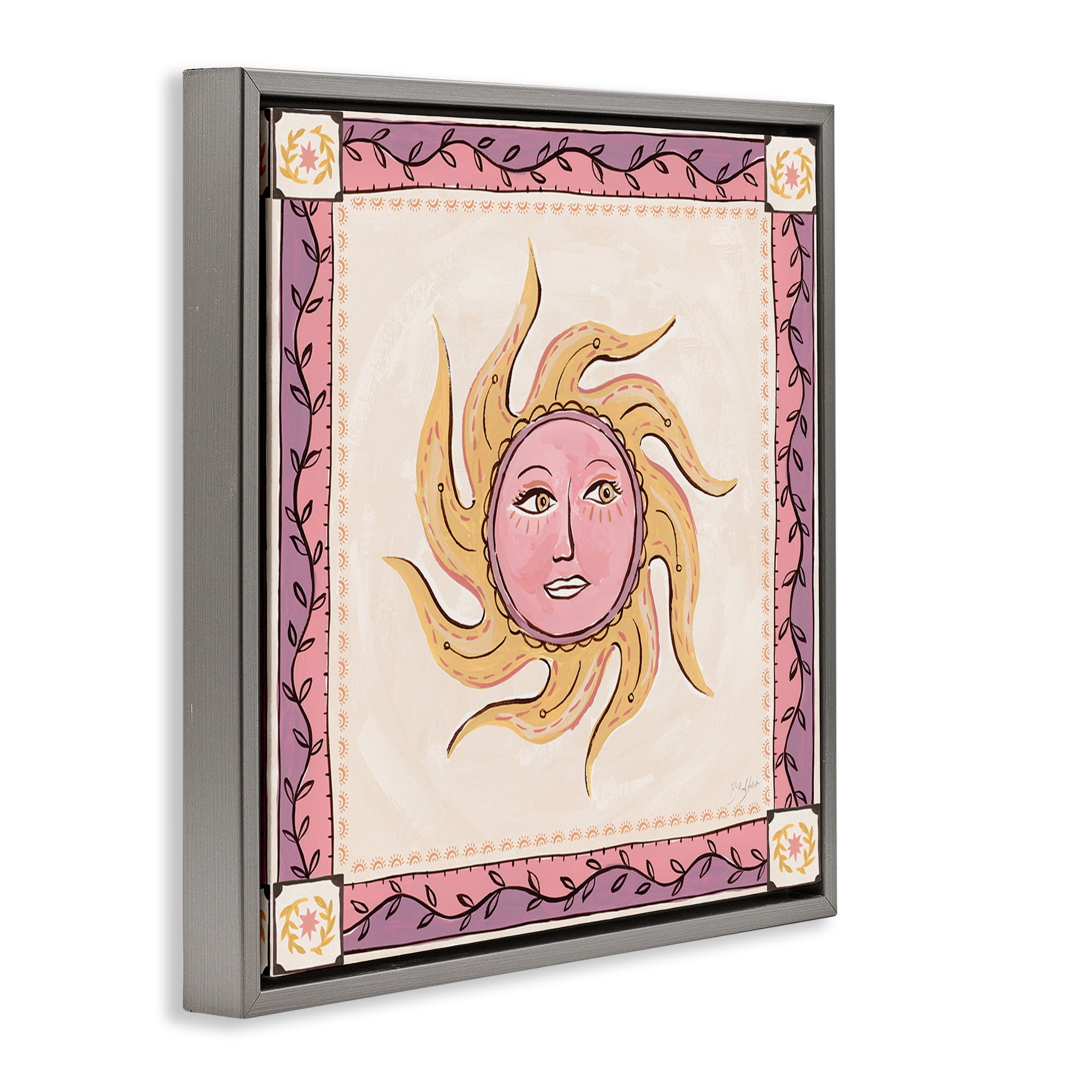 Stupell Industries Pink Sun Face with Leaf Border Gray Framed Floater Canvas Wall Art, design by Two If By Sea Studios