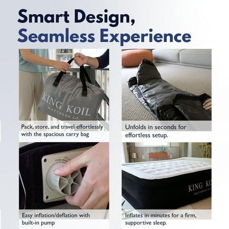King Koil Luxury Air Mattress Queen with Built in Pump, Integrated Premium Pillow Inflatable Airbed for Guests, Camping & Home (Manufacturer Warranty)