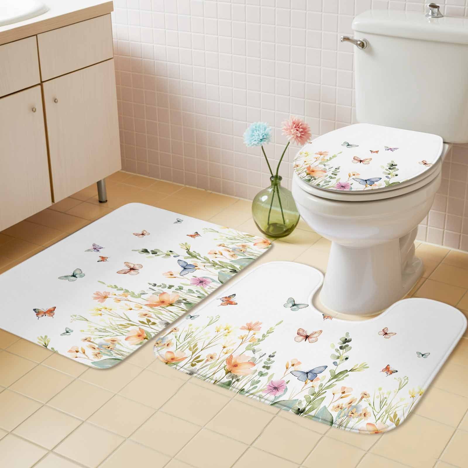 Spring Floral Bath Mat 3 Piece Bathroom Rug Set, Butterfly Summer Botanical Watercolor Non Slip Bath Rug Contour Mat and Toilet Lid Cover, Absorbent Shower Mats Soft Bath Rugs and Mats Sets