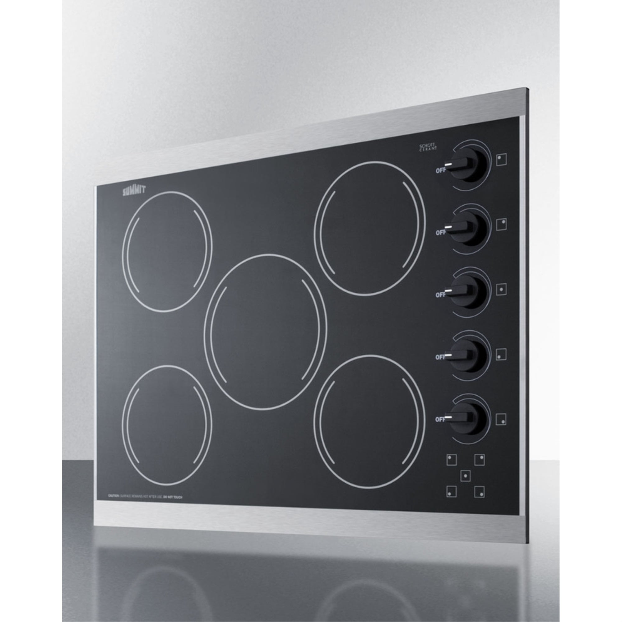 27" wide 5-burner radiant cooktop made in the USA in smooth black ceramic glass finish and oversized SS trim