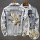 thumbnail image 3 of Chaqueta vaquera azul con botón bordado para hombre, chaqueta vaquera con letras para hombre, ropa vaquera de tela, moda elástica de bajo coste, lujo, 3 of 5