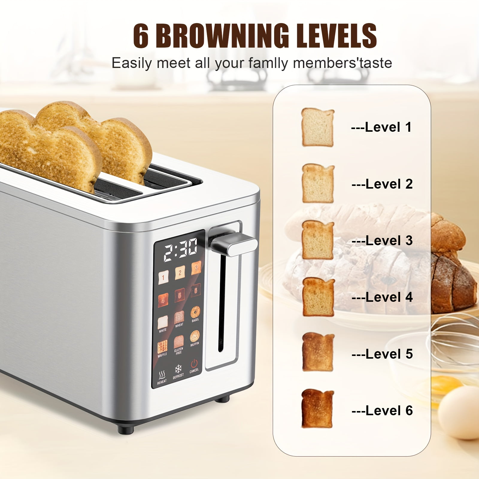 2 Slice Digital Touchscreen Toaster, 6 Bread Types, 6 Shade Settings, Wide Slots, Removable Tray, Compact & Easy Clean