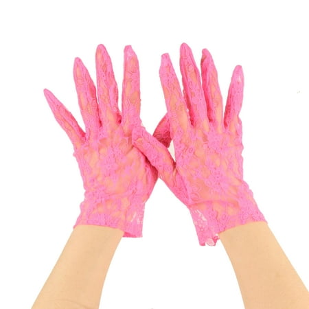 Sexy Floral Sheer Lace Tea Party Vintage Style Short Wrist Dressy Gloves Neon Fuchsia
