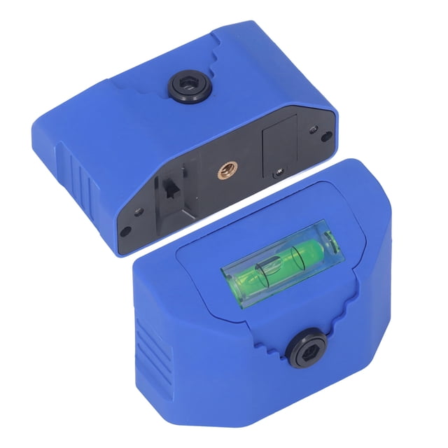 Line leveling marker with built-in LR44 button batteries, featuring a compact plastic shell in blue. This measuring tool is ideal for curtain rod installation, mirror hanging, and other household tasks, projecting vertical and horizontal lines for accurate placement. Includes a 120° wide-angle red line projection and a portable switch for easy operation.