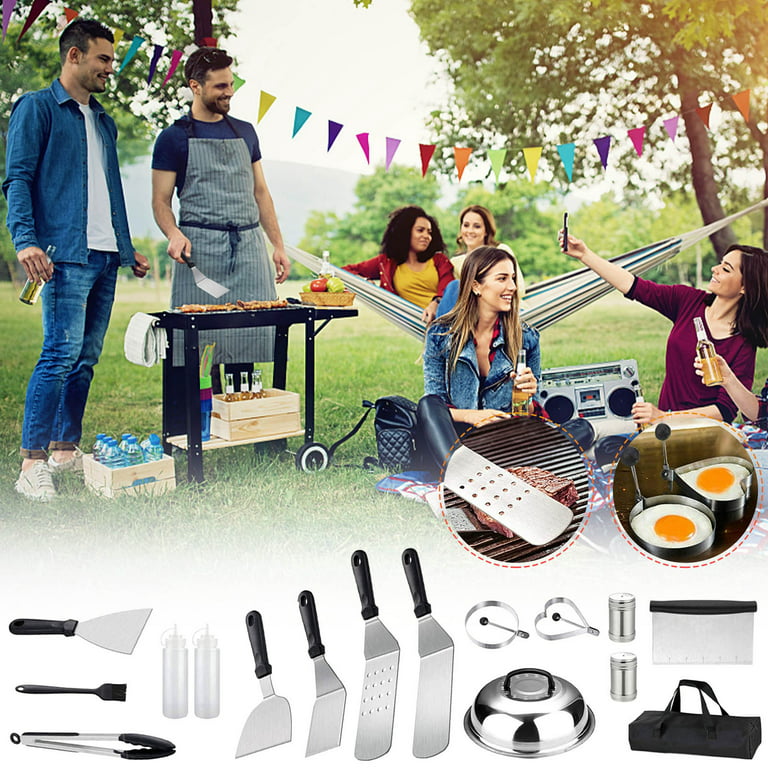 Grill Pan Accessories Stainless Steel Flat Top Outdoor Camping BBQ Cooking Tools with BBQ Spatula, Scraper (Set of 18)