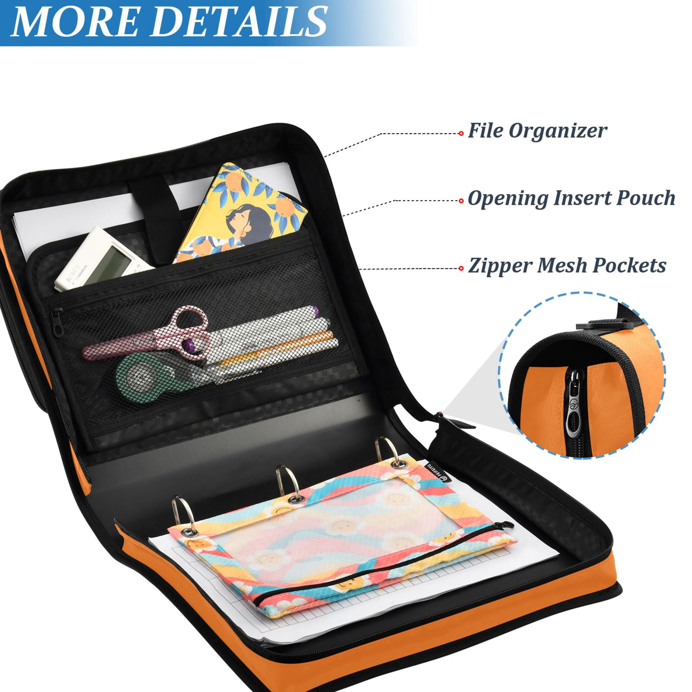 ALAZA Zipper Binder Orange Color 3 Ring Trapper Keeper File Folder Organizer Bag