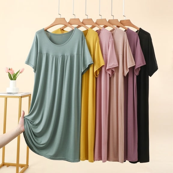 Taqqpue Nightgowns for Women Cotton Soft Night Gowns Short Sleeve V Neck Sleep Dress Sleepwear Solid Color Flowy Swing Plus Size Knee Length Dress for Women