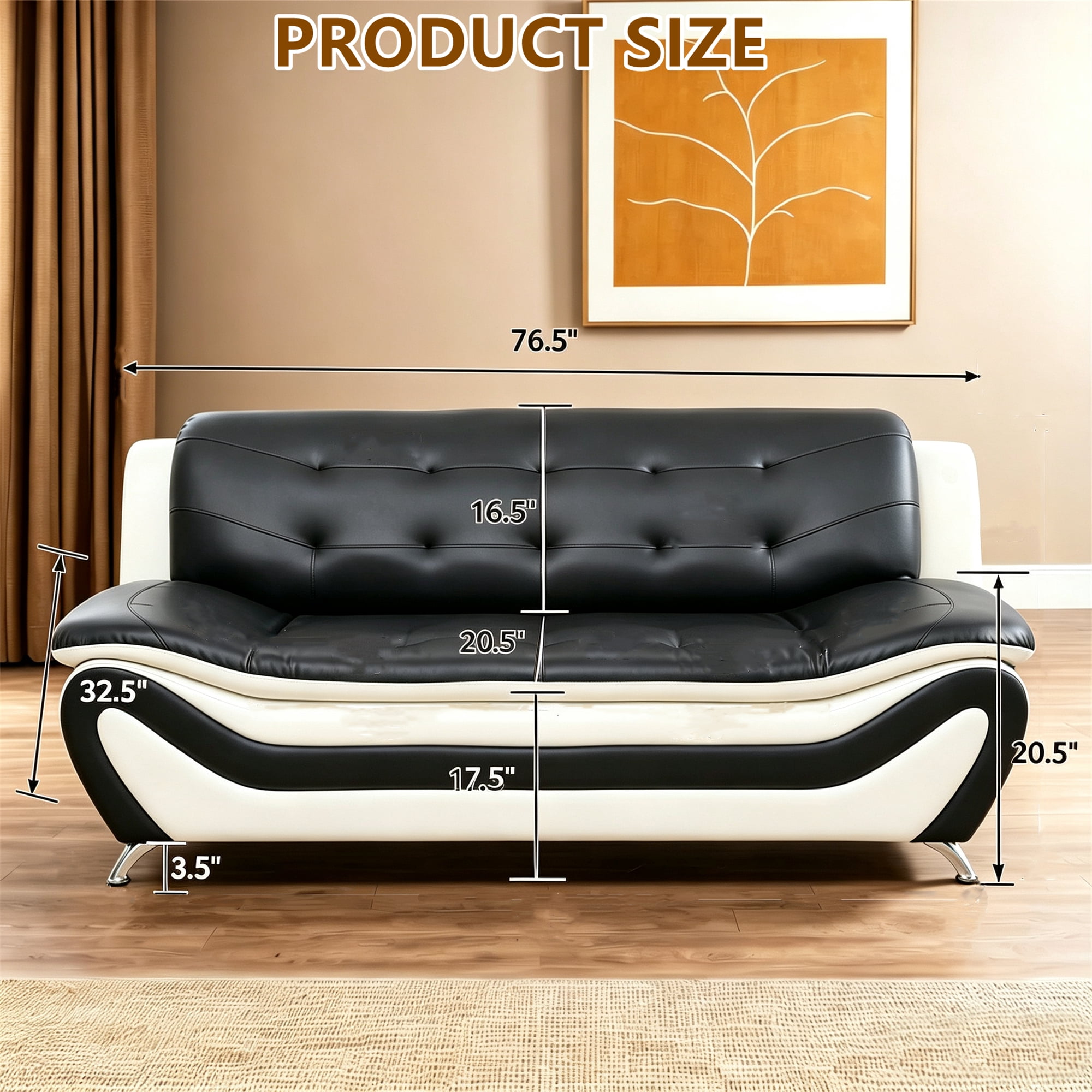 Aukfa 76.5" Upholstered 3 Seat Sofa Couch for Living Room, Leather, Tufted Back, Black&White