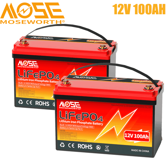 2 X 12V 100AH LiFePO4 Lithium Battery,100A BMS,MOSEWORTH for RV,Solar,Camping,Marine,Home Backup Power,off-Grid,15000 Deep Cycles