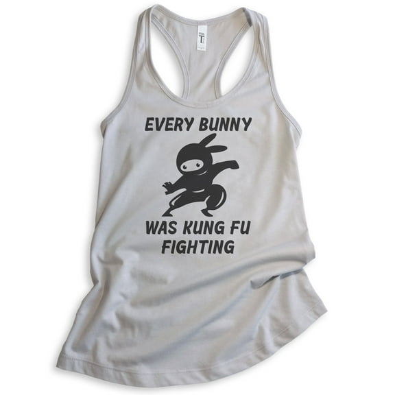 Every Bunny Was Fung Fu Fighting Tank Top, Ladies Racerback Tank Top, Easter Rabbit Bunny Tank, Ninja Tank, Silver Gray, X-Large