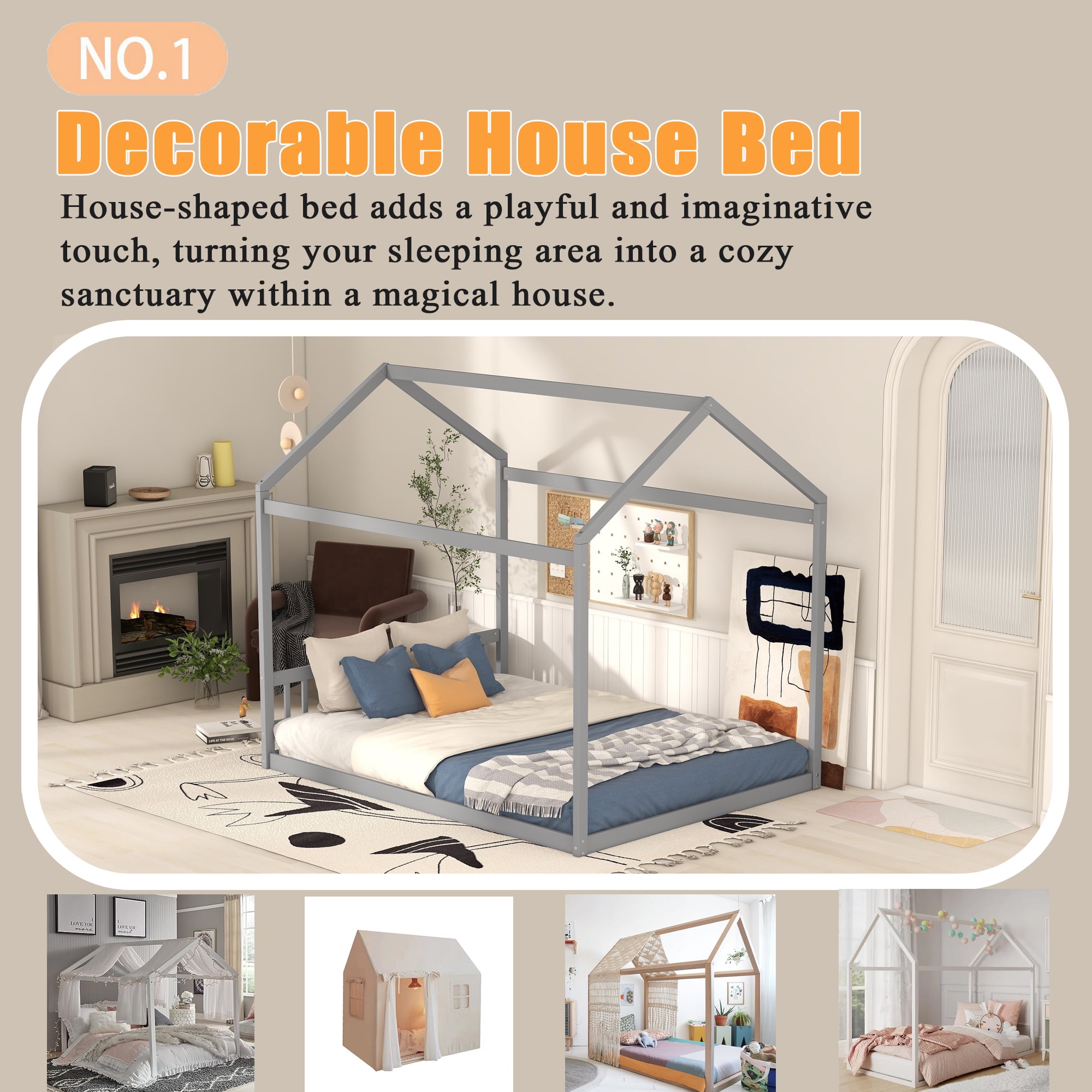 Bellemave Queen Size House Bed,Wood Montessori Floor Beds with Headboard for Toddler/Kids/Boys/Girls, No Box Spring Needed (Gray)
