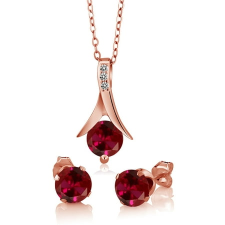 3.05 Ct Red Created Ruby White Diamond 18K Rose Gold Plated Silver Jewelry Set