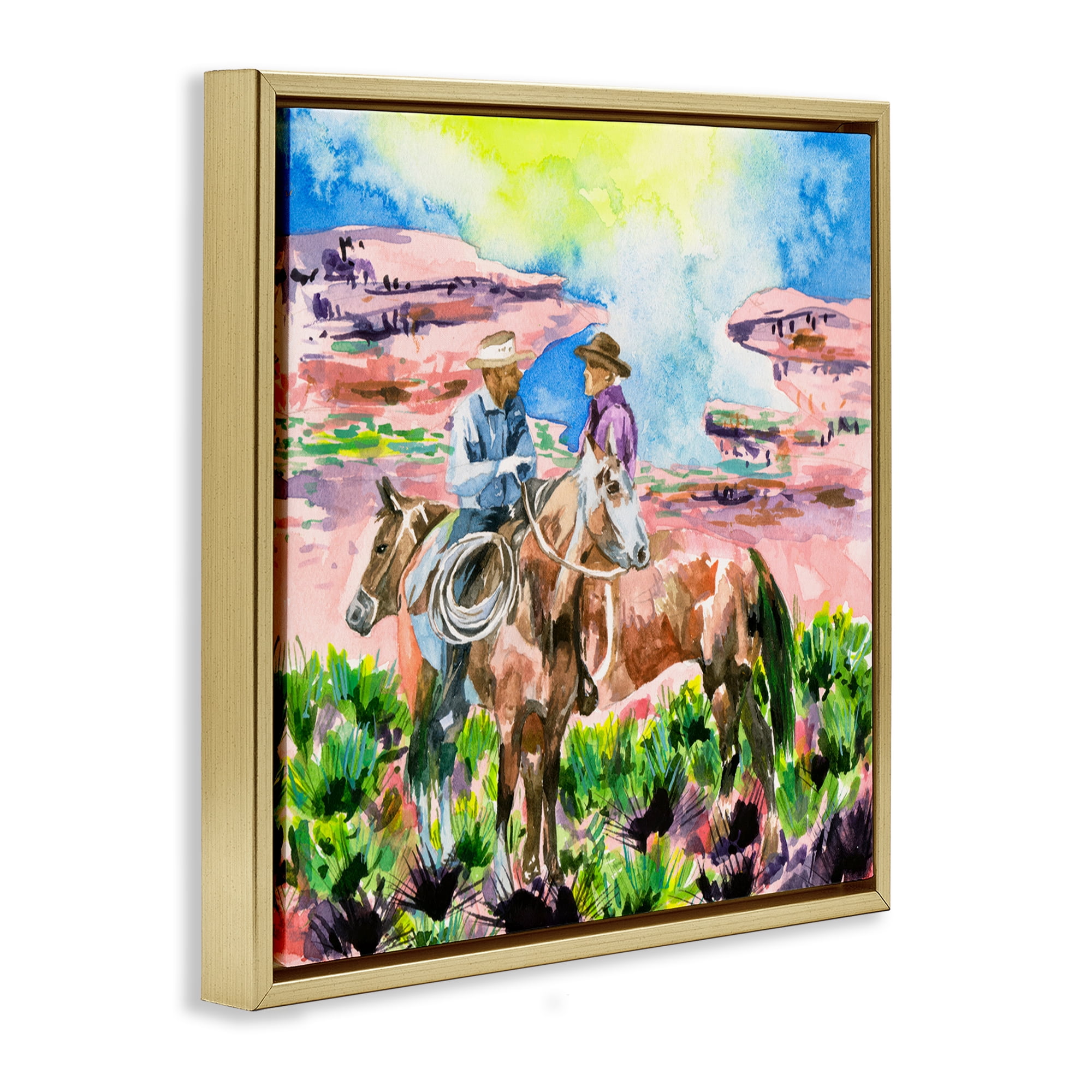 Stupell Industries Cowboy Duo in Canyon Animals Painting Gold Floater Framed Canvas Art Print Wall Art, 18 x 18