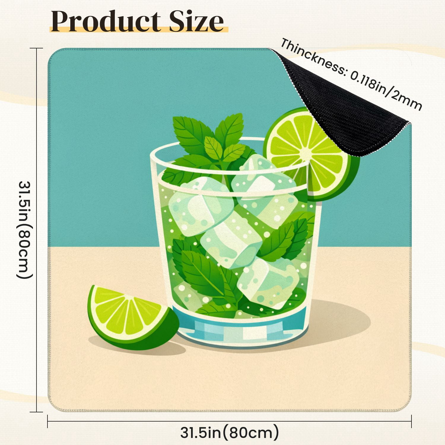 Mahjong Mat 31.5" x 31.5" Mint Mojito Cocktail Lime Ice Cubes Glass Non-Slip Noise Reduction Mahjong Tiles Table Cover for Dominoes Poker Card Board and Tile Games