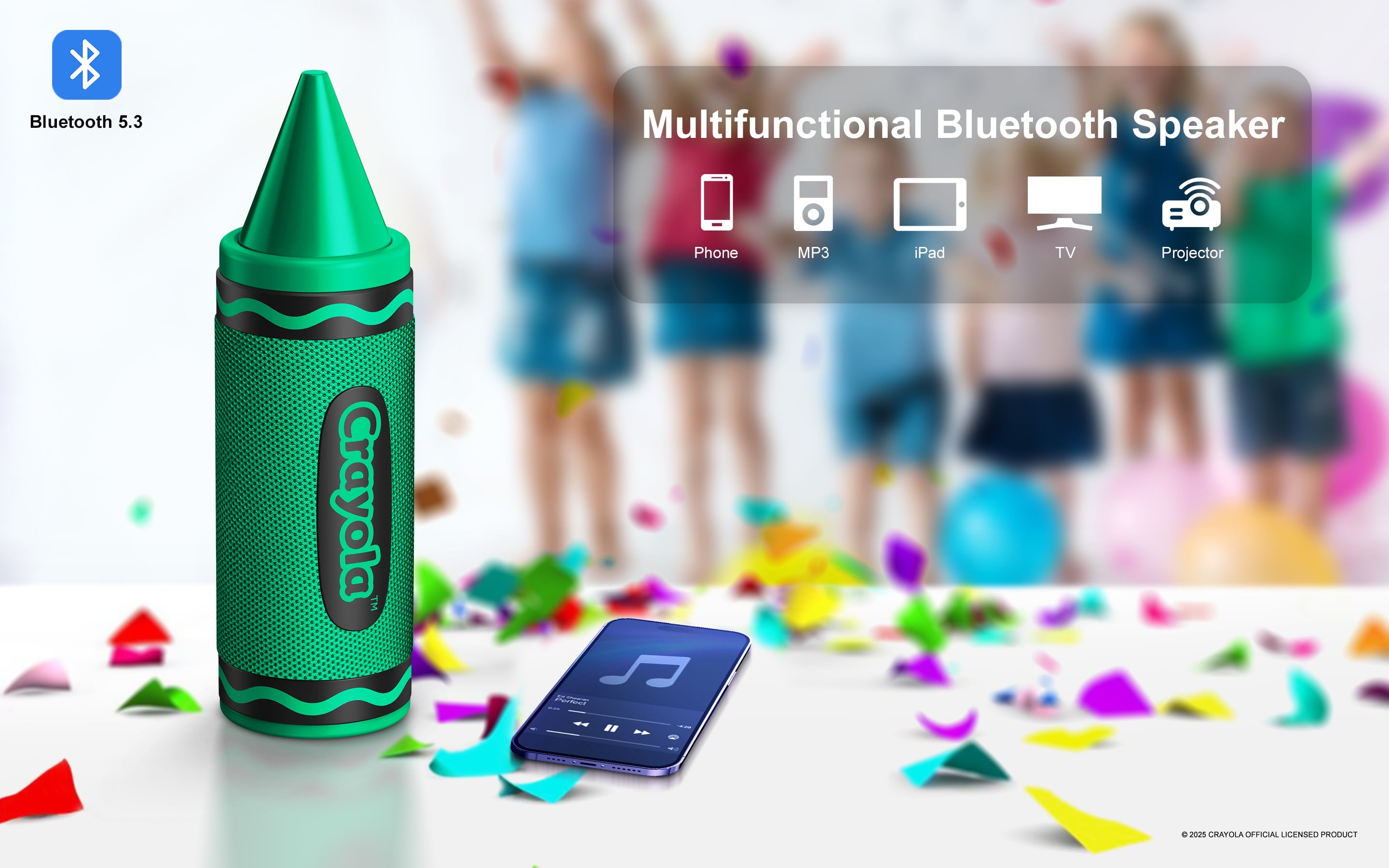 Crayola Kids Crayon Bluetooth Wireless Portable Speaker 20W PEAK Power HD Sound; Long Lasting Battery;1500mAh Battery All Day Playtime, TWS Pairing, BT 5.3, FM Radio Home/Party/Outdoor/Travel/Camping