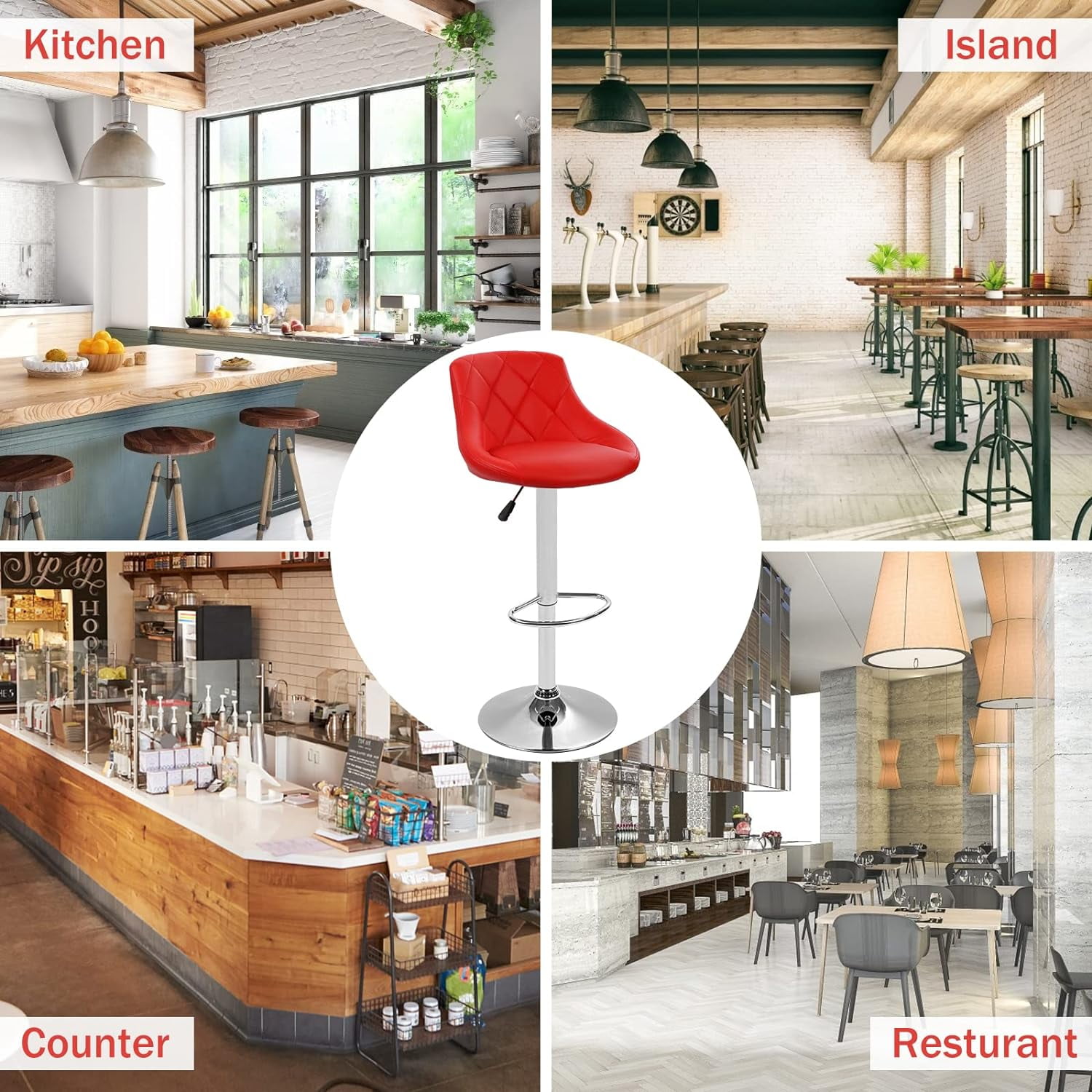 Modern Bar Stools Set of 2 Counter Height Adjustable Bar Chairs with Back and Chrome Base PU Leather Barstools Island Chairs for Kitchen Living Room Pub Swivel Bar Stools (Red)