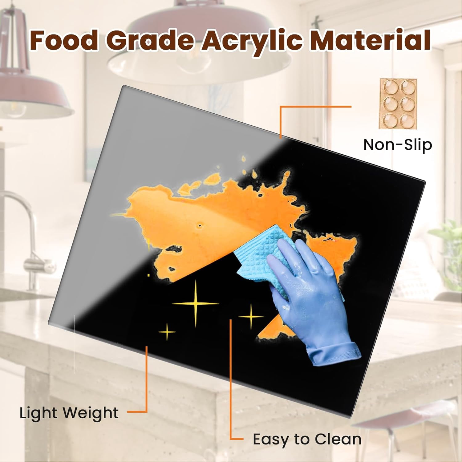 EVER BETTER Acrylic Cutting Boards for Kitchen, 17.5"×13.5" Thick Block Vegetable Bread Meats Fruits Board with Counter Lip, Anti-Slip CuttingTray,Black