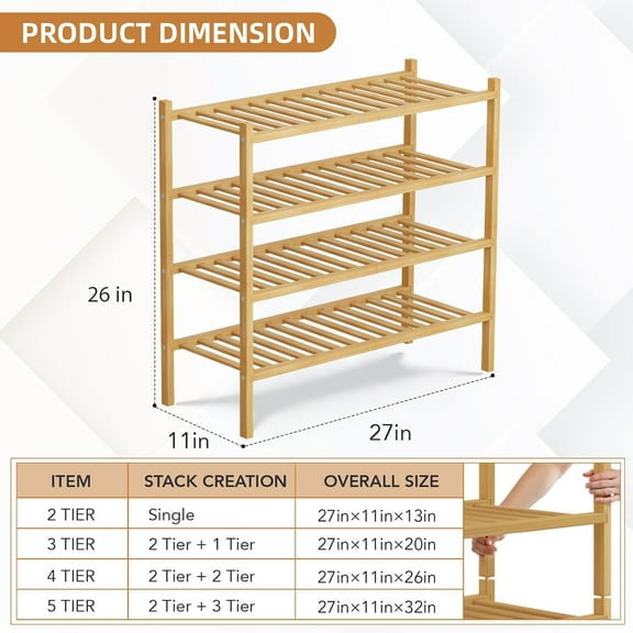 4 Tier Bamboo Shoe Rack Storage Organizer for Closet, Multifunctional Stackable Free Standing Shoe Shelf Organizer for Small Space,Entryway,Hallway,Bathroom 27"x11"x26"(Natural, 4 Tier)